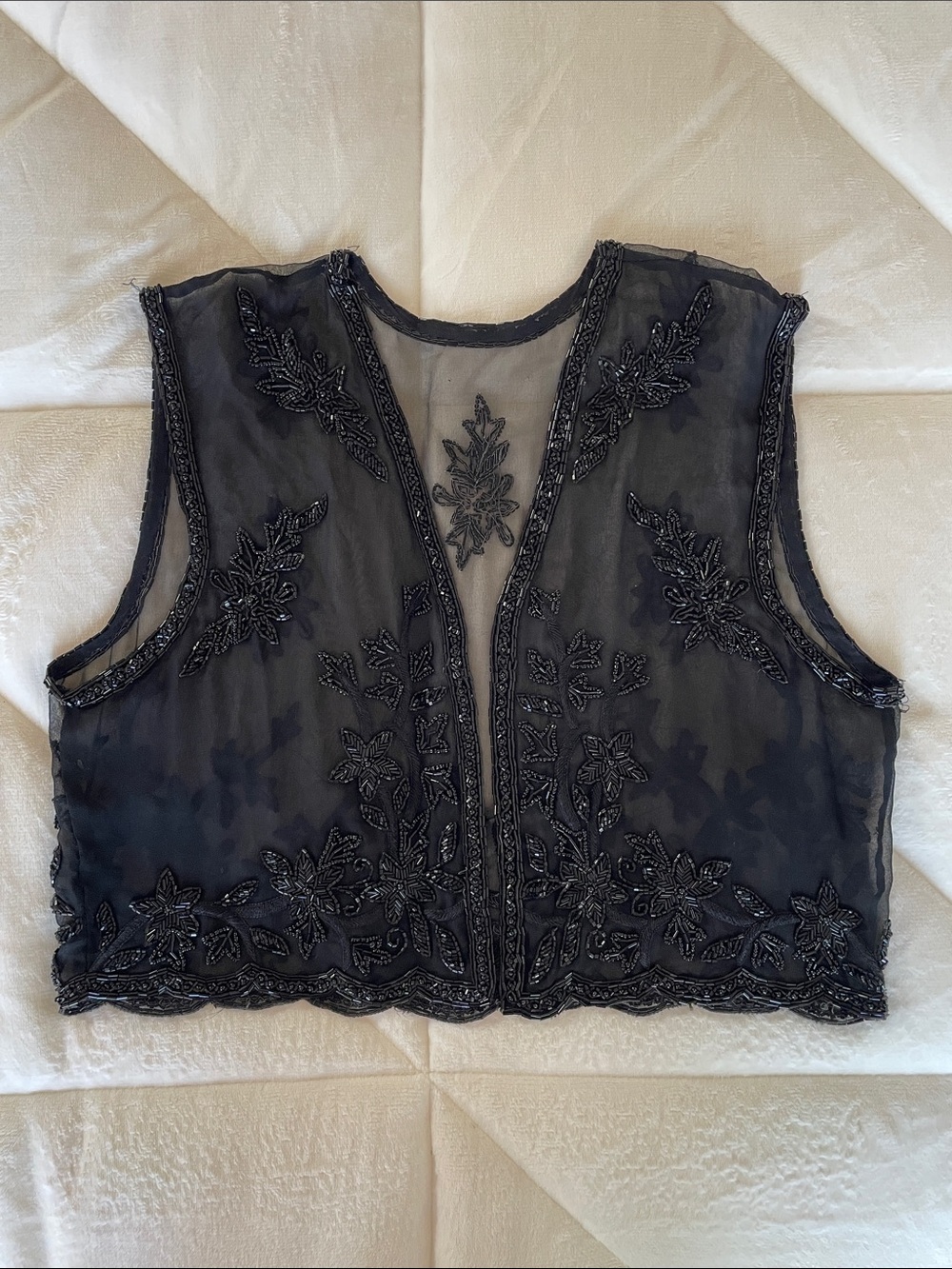 Vintage Embroidered Sheer Silk Black Beaded Vest Top